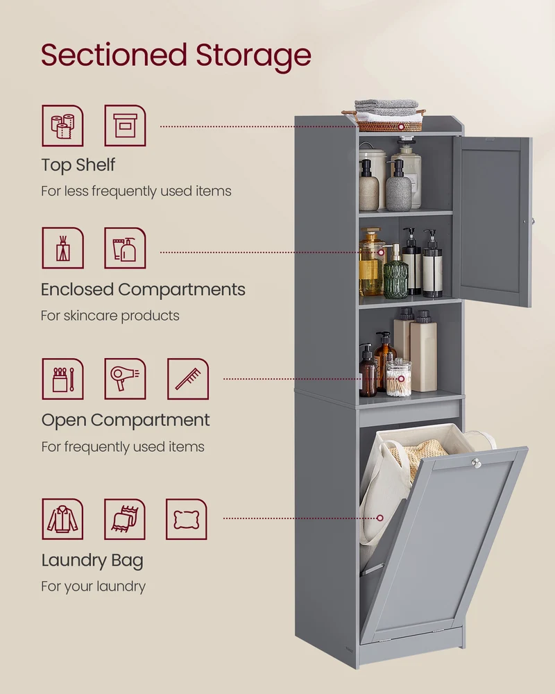 VASAGLE Tall Cabinet with Laundry Basket, Removable Laundry Basket with Handles, Compartment, Dove Gray