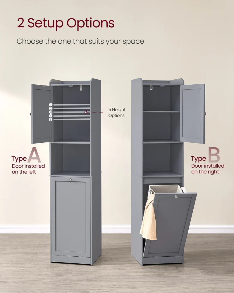 VASAGLE Tall Cabinet with Laundry Basket, Removable Laundry Basket with Handles, Compartment, Dove Gray