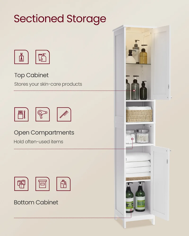 VASAGLE Tall Cabinet with Lights, Freestanding Narrow Cabinet with Adjustable Shelves Slim Storage Cabinet White