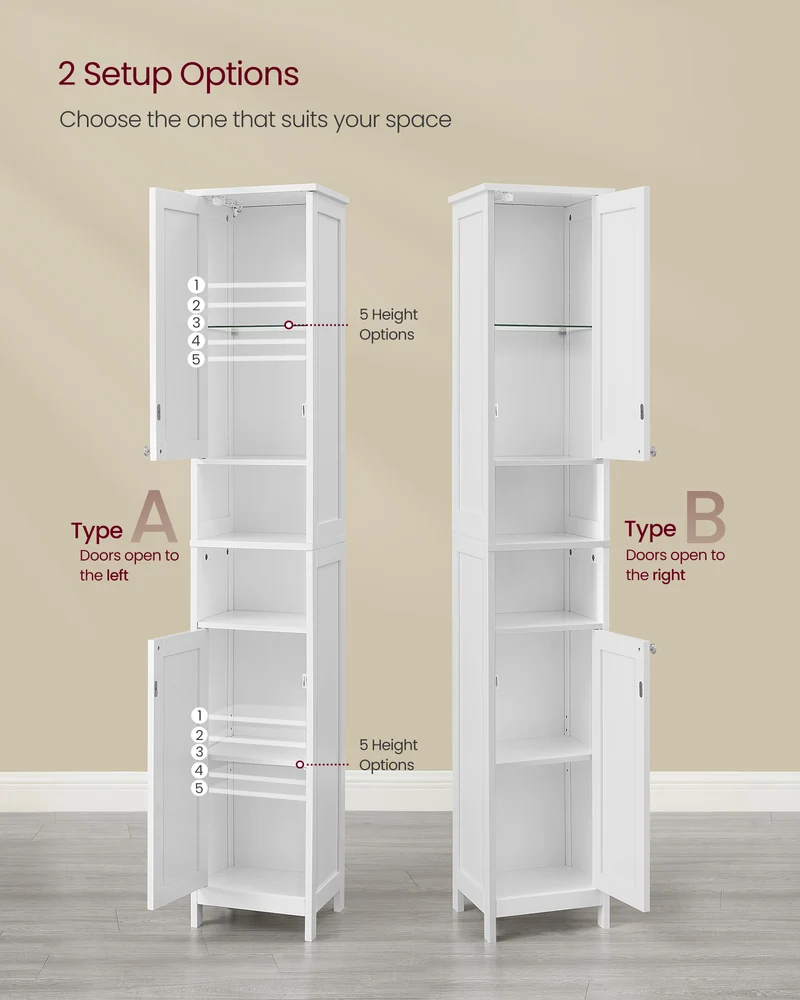 VASAGLE Tall Cabinet with Lights, Freestanding Narrow Cabinet with Adjustable Shelves Slim Storage Cabinet White