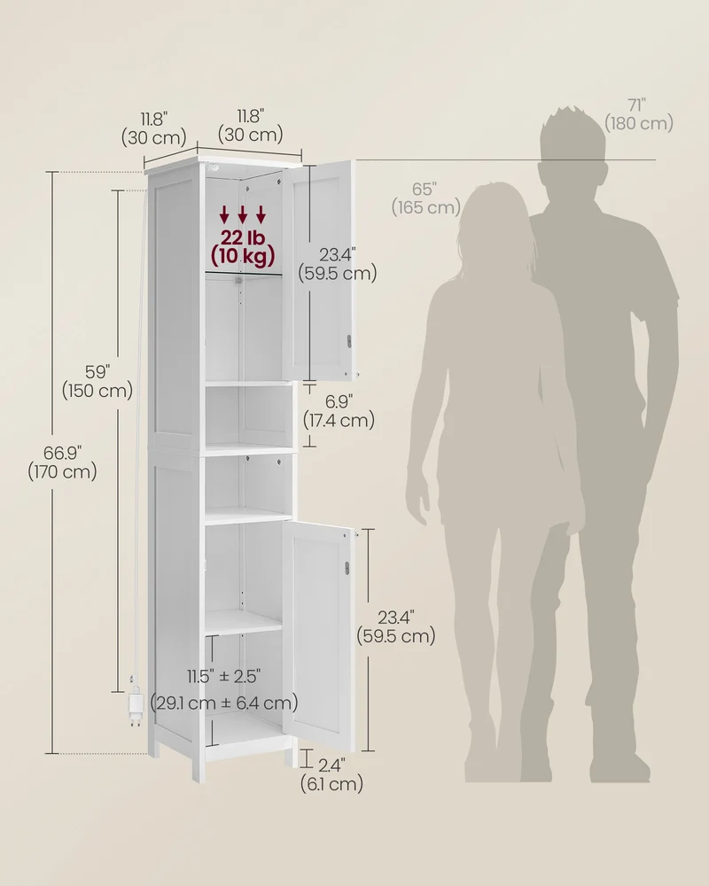 VASAGLE Tall Cabinet with Lights, Freestanding Narrow Cabinet with Adjustable Shelves Slim Storage Cabinet White