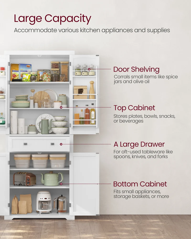 VASAGLE 72" Tall Kitchen Pantry Storage Cabinet with Doors and Shelves, Food Pantry Cabinet with Drawer, White