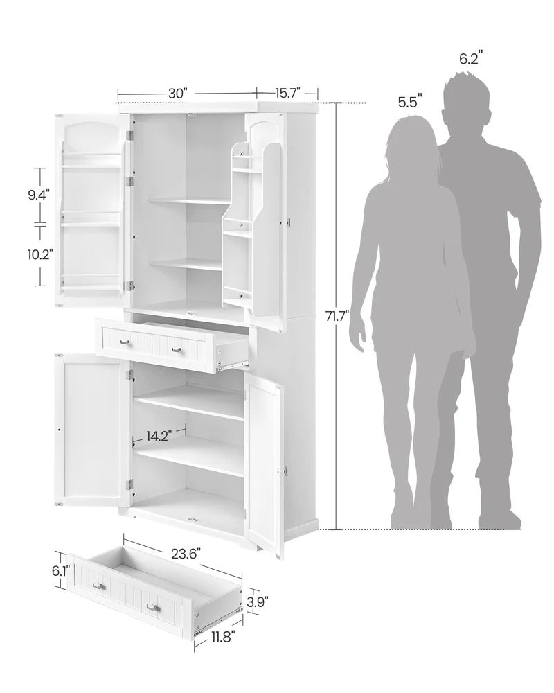 VASAGLE 72" Tall Kitchen Pantry Storage Cabinet with Doors and Shelves, Food Pantry Cabinet with Drawer, White
