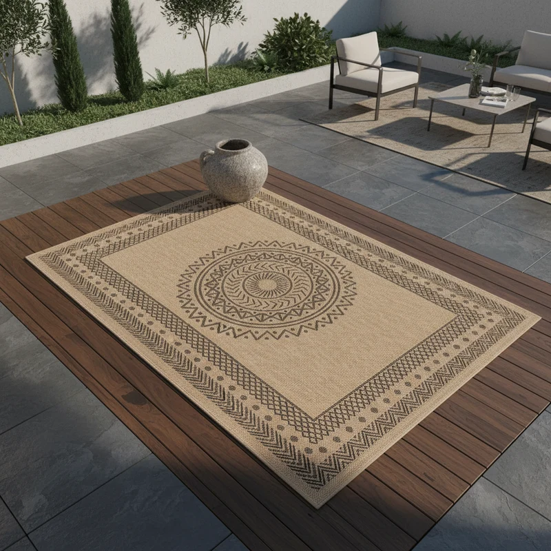 Outdoor-Teppich Mandala-Ornament – Waschbar | Dekoratives Medaillon für Terrasse