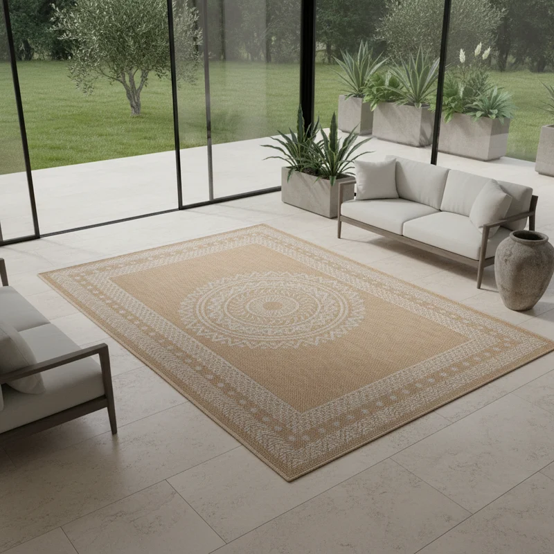 Outdoor-Teppich Mandala-Ornament – Waschbar | Dekoratives Medaillon für Terrasse