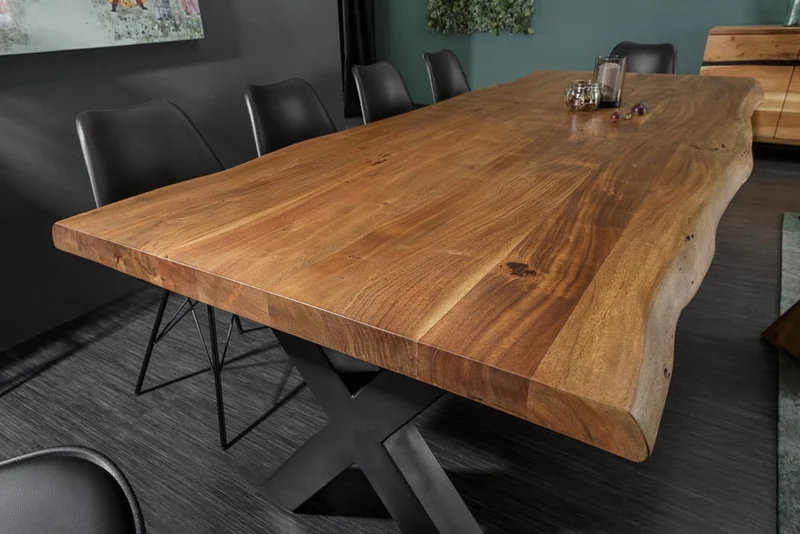 Massiver Esstisch FORTE 200cm Akazie 6cm Baumkante X-Gestell