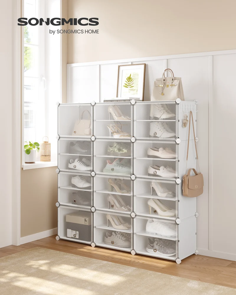 Shoe Rack, 12 Cubes Shoe Organizer with Doors, 48 Pair Plastic Shoe Storage Cabinet, for Bedroom, Entryway, Steel Frame, Plastic Panel