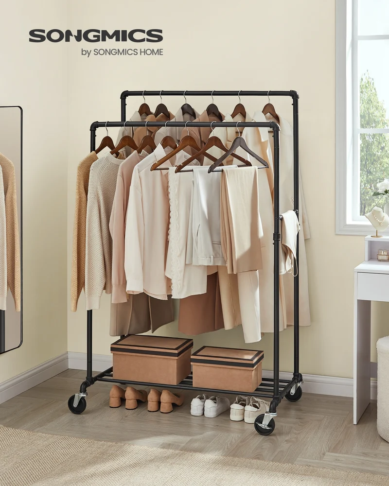 SONGMICS Industrial Pipe Clothes Rack for Garment Storage, Metal, Black