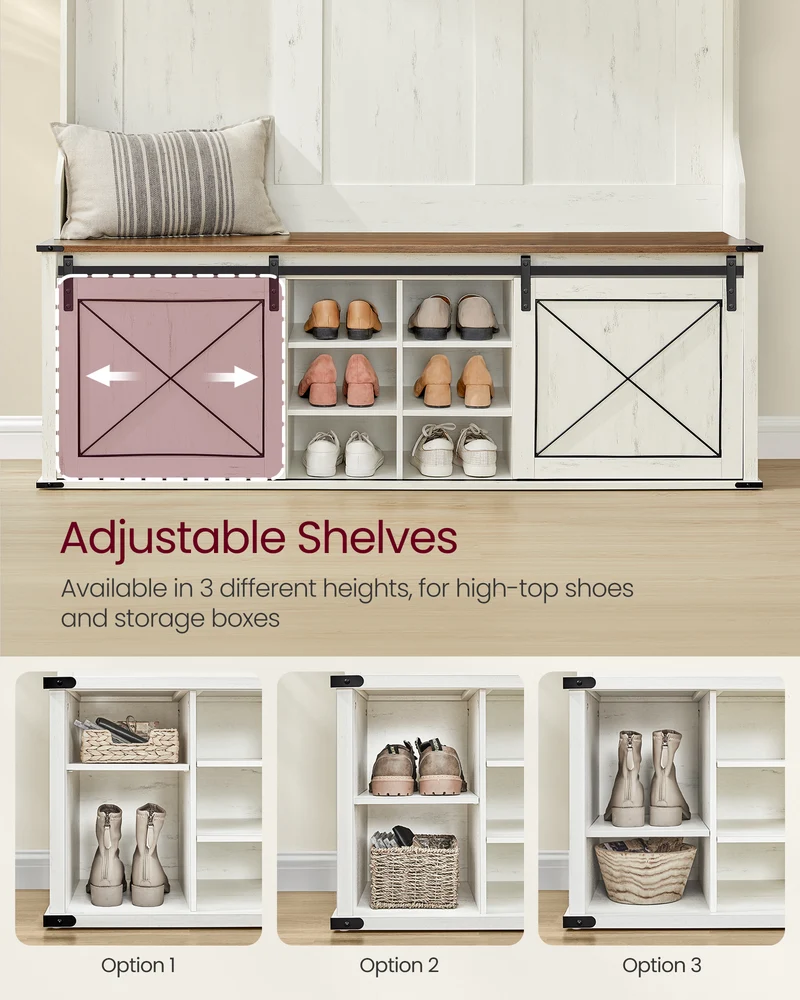 Hall Tree with Bench and Shoe Storage, Coat Rack with Shoe Bench, Entryway Furniture, 6 Tri-Hooks, Sliding Door, Farmfouse Style, Space Saving