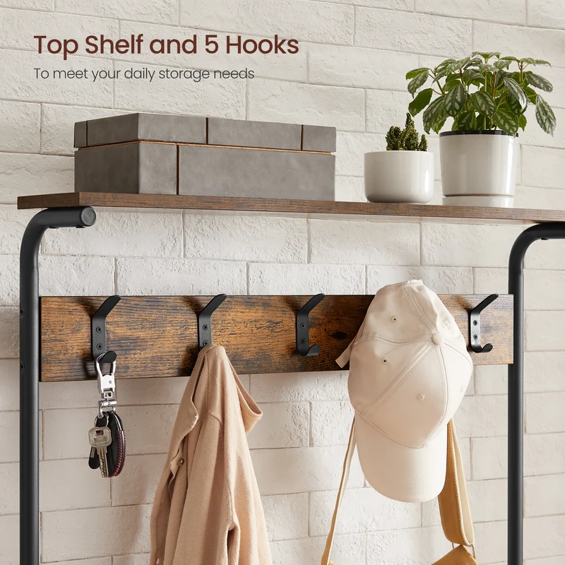 VASAGLE Coat Rack Hall Tree with 5-Tier Shoe Rack Rustic 12.4"D x 31.5"W x 72.2"H Brown and Black