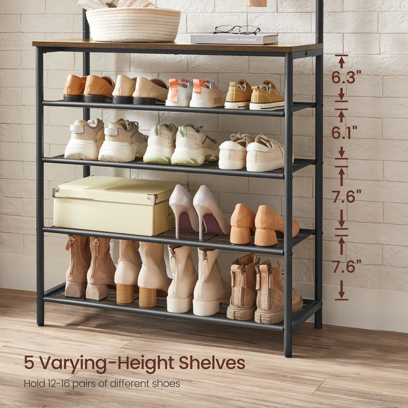 VASAGLE Coat Rack Hall Tree with 5-Tier Shoe Rack Rustic 12.4"D x 31.5"W x 72.2"H Brown and Black