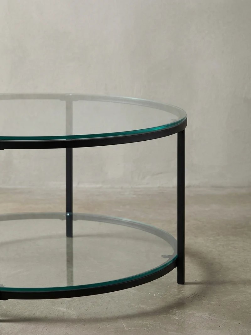 Couchtisch Glas-Metall Mix mit zwei Ablagen in Marmoroptik