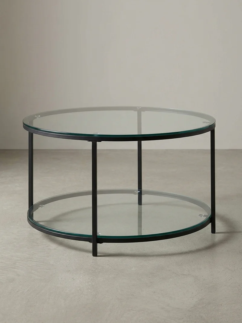 Couchtisch Glas-Metall Mix mit zwei Ablagen in Marmoroptik