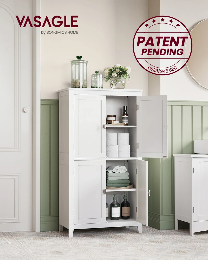 Floor Storage Cabinet with 4 Doors Storage Unit Freestanding Cabinet Adjustable Shelves, White