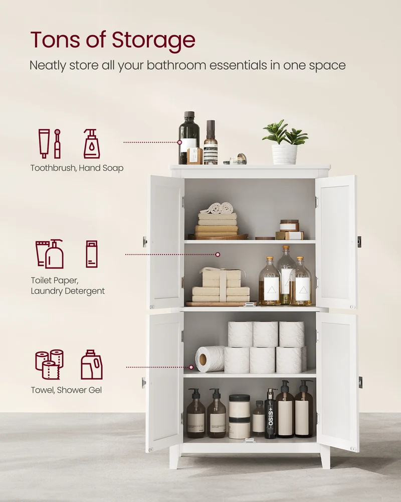 Floor Storage Cabinet with 4 Doors Storage Unit Freestanding Cabinet Adjustable Shelves, White