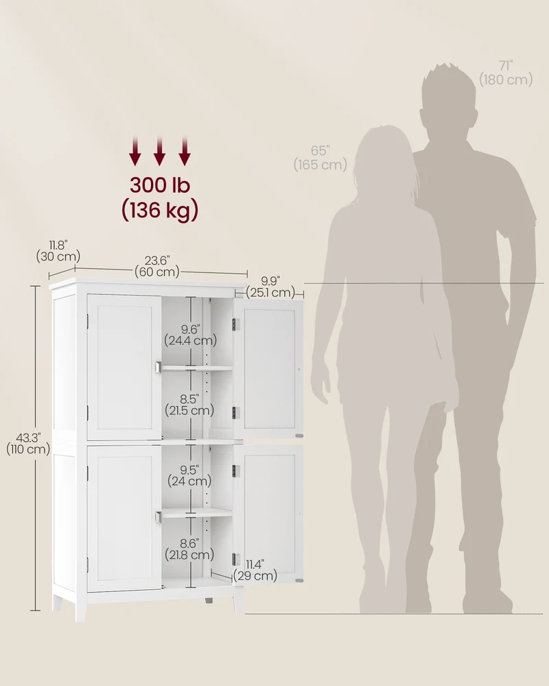 Floor Storage Cabinet with 4 Doors Storage Unit Freestanding Cabinet Adjustable Shelves, White