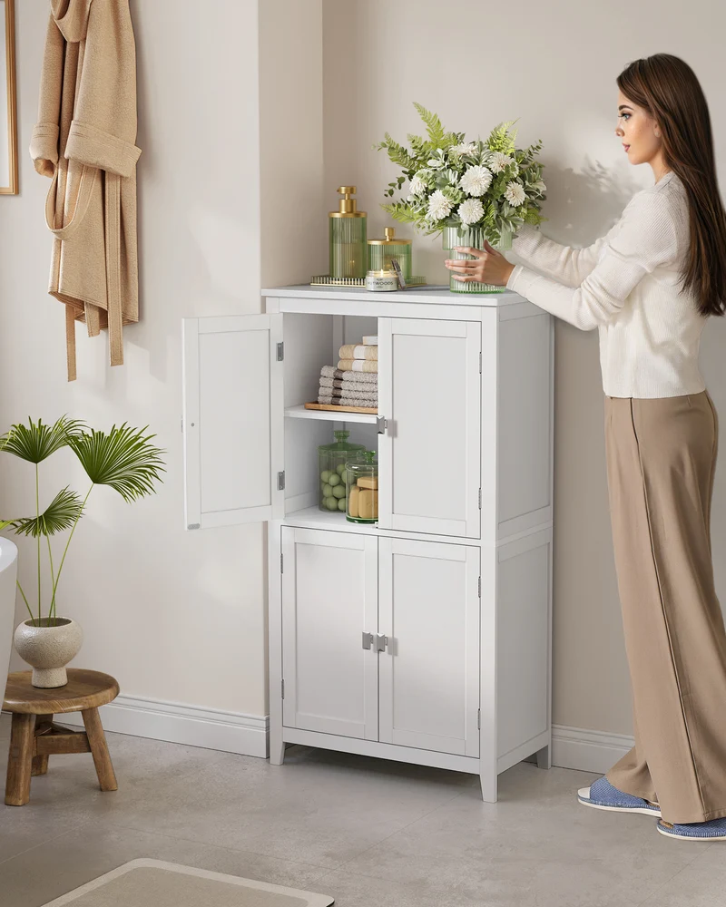 Floor Storage Cabinet with 4 Doors Storage Unit Freestanding Cabinet Adjustable Shelves, White