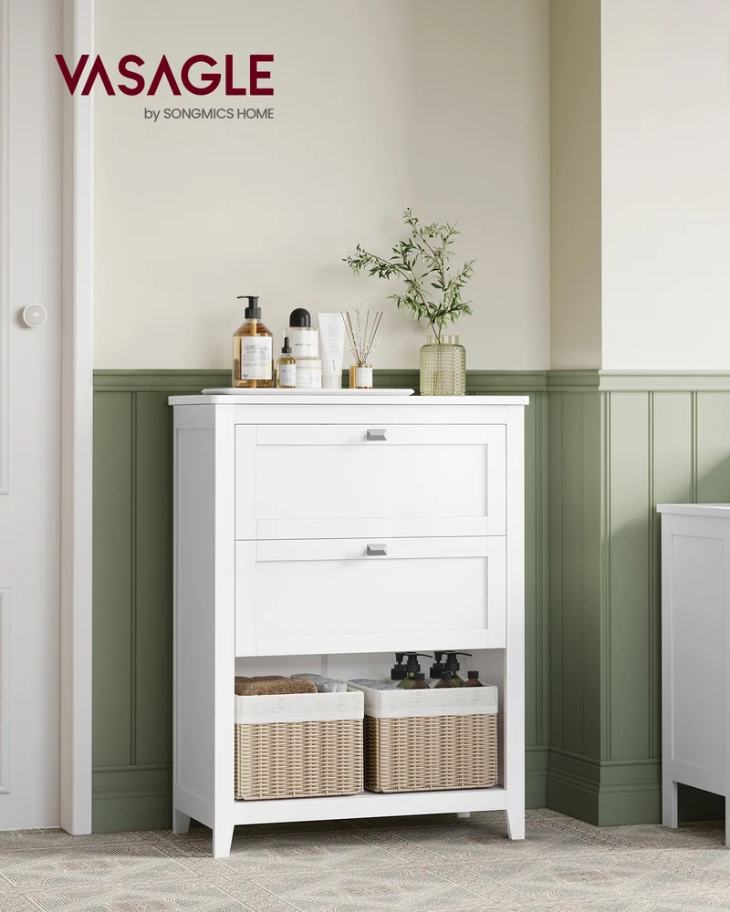 VASAGLE Cabinet, Storage Cabinet and Organizers, 2 Drawers with 1 Adjustable Divider, 2 Baskets, Sideboard, Cloud White