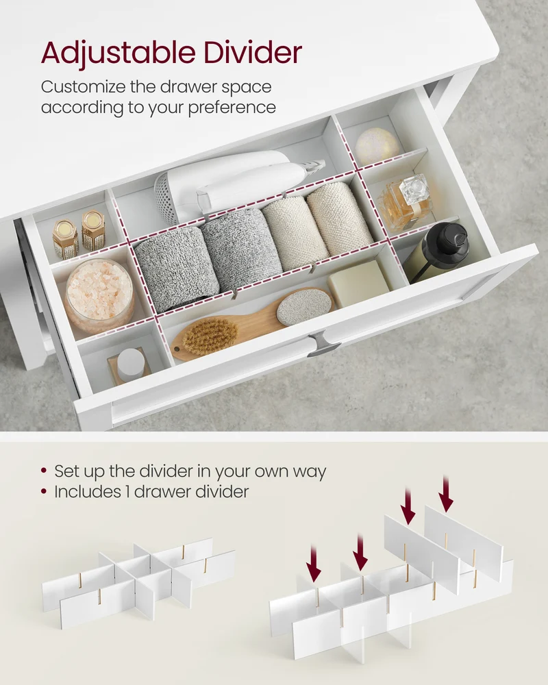 VASAGLE Cabinet, Storage Cabinet and Organizers, 2 Drawers with 1 Adjustable Divider, 2 Baskets, Sideboard, Cloud White