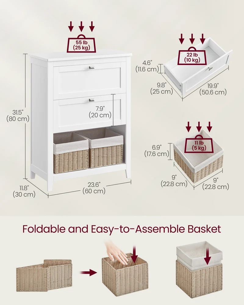 VASAGLE Cabinet, Storage Cabinet and Organizers, 2 Drawers with 1 Adjustable Divider, 2 Baskets, Sideboard, Cloud White