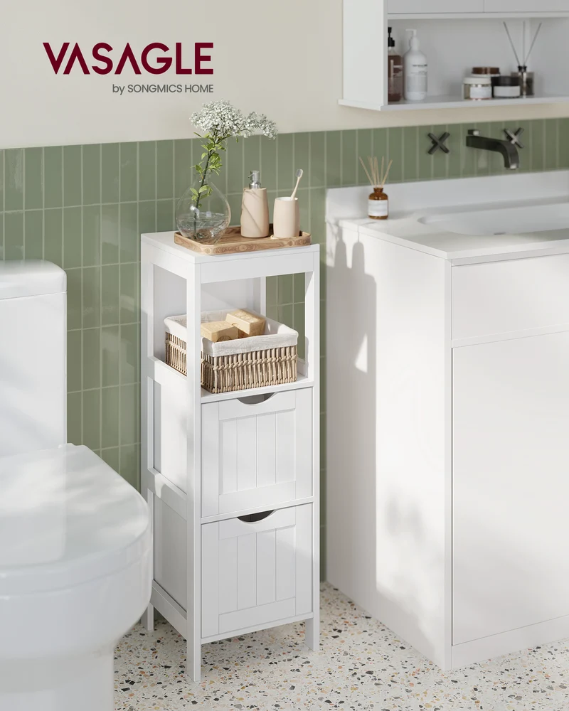 VASAGLE Floor Cabinet, Storage Organizer Rack Stand, Multifunctional Corner Unit, 2 Drawers, 35 Inches in Height, White
