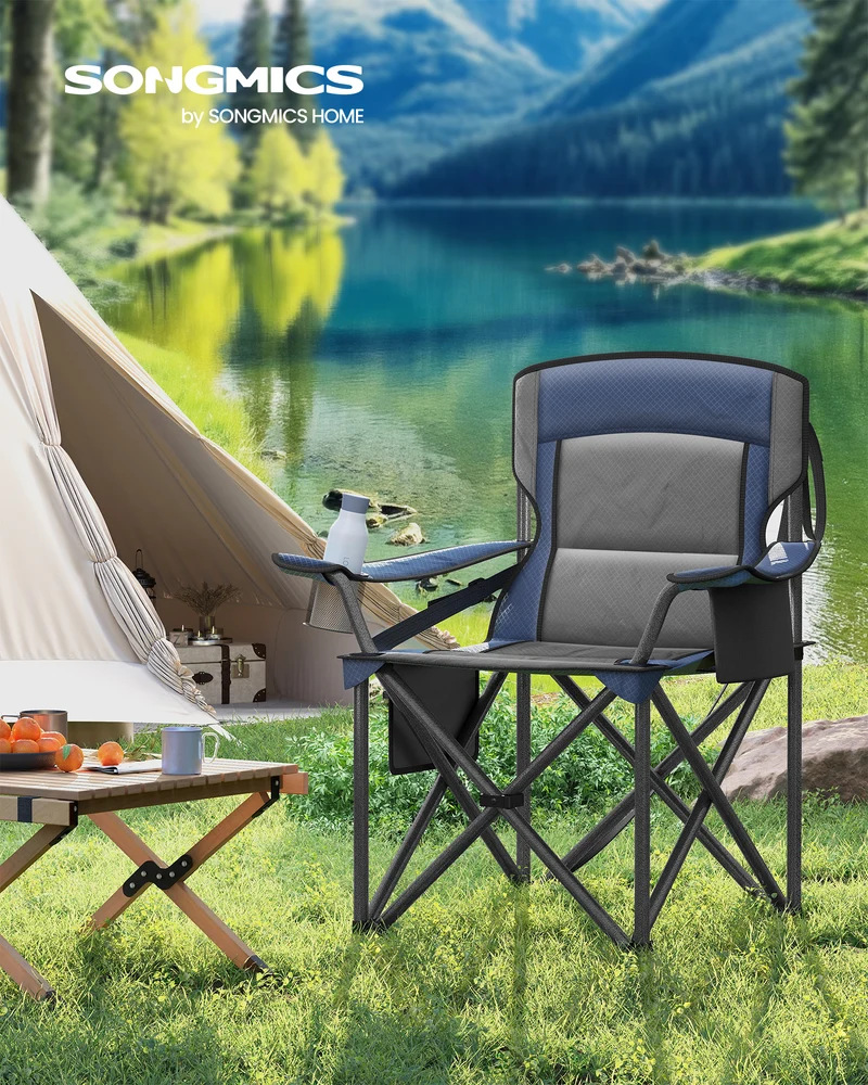 Harbor Blue Outdoor Camping Folding Chair - Features Cup Holder, Foam Padding, High Backrest. Foldable, 450 lb Weight Capacity，for Beach & Sports