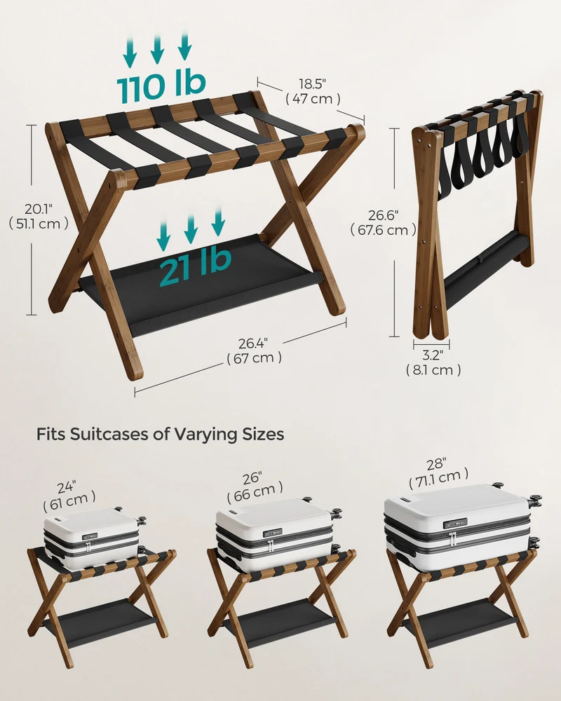LEDREM Luggage Rack with Storage Shelf, Suitcase Stands, Luggage Stand, Foldable for Easy Storage,Holds up to 131 lb, 26.38 x 18.5 x 20.12 inches