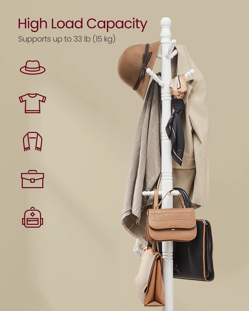 LEDREM Solid Wood Coat Rack and Stand, Free Standing Hall Coat Tree with 10 Hooks for Hats, Bags, Purses, for Entryway, Hallway, Rubberwood
