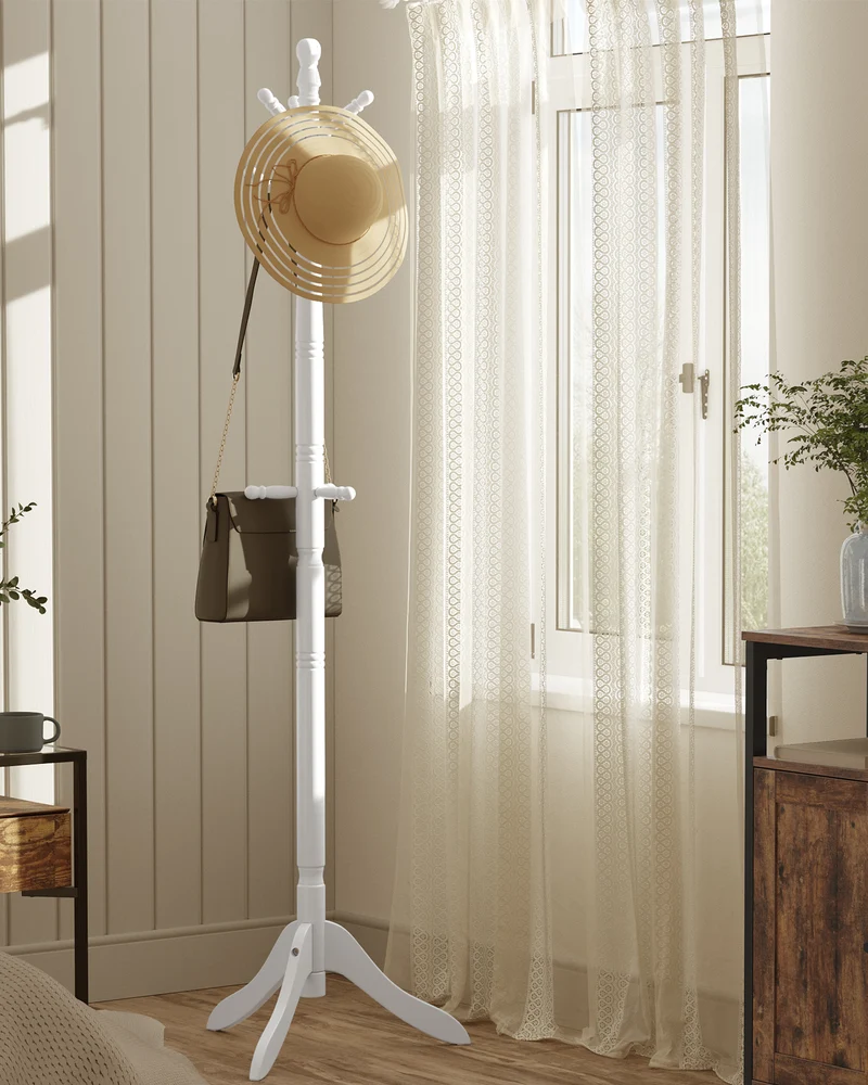 LEDREM Solid Wood Coat Rack and Stand, Free Standing Hall Coat Tree with 10 Hooks for Hats, Bags, Purses, for Entryway, Hallway, Rubberwood
