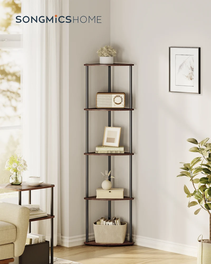5-Tier Corner Shelf Stand - No Tools Assembly, Space-Saving Storage Unit, 15x10.6x54.7 Inches for Home Organization, Somber Walnut