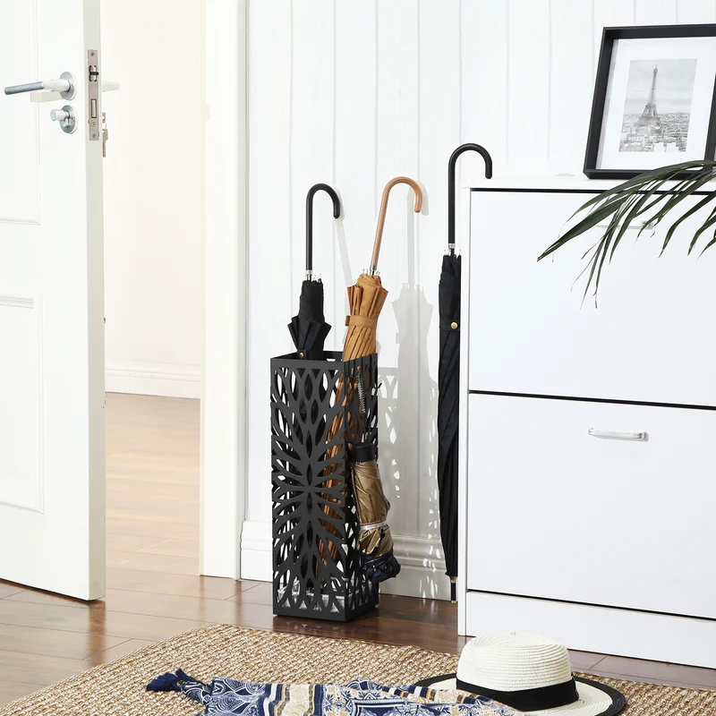 Square Steel Umbrella Stand - Entryway Organizer with Drip Tray & 4 Hooks, Rust-Resistant, Multi-Purpose Use, Black