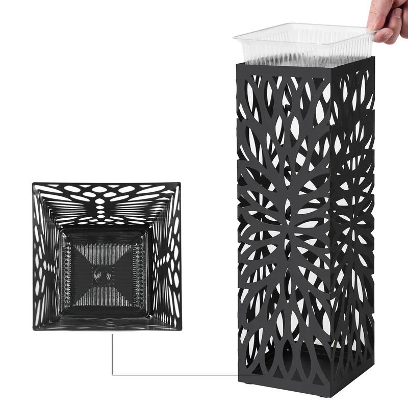 Square Steel Umbrella Stand - Entryway Organizer with Drip Tray & 4 Hooks, Rust-Resistant, Multi-Purpose Use, Black
