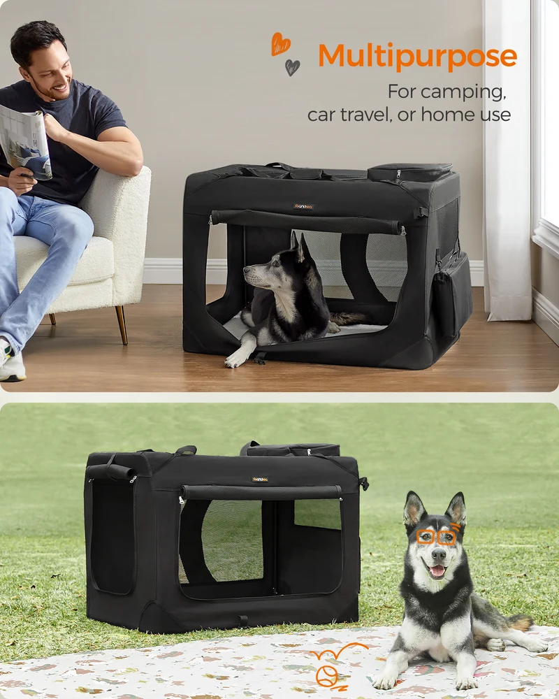 LEDREM 36" Quick-Assembly Foldable Dog Crate ¡§C 3 Doors, Anti-Escape Zippers, Oxford Fabric & Fleece Pad, Portable for Travel, black