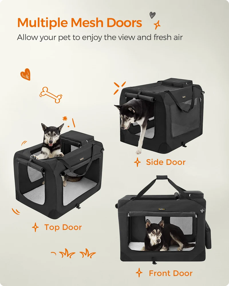 LEDREM 36" Quick-Assembly Foldable Dog Crate ¡§C 3 Doors, Anti-Escape Zippers, Oxford Fabric & Fleece Pad, Portable for Travel, black