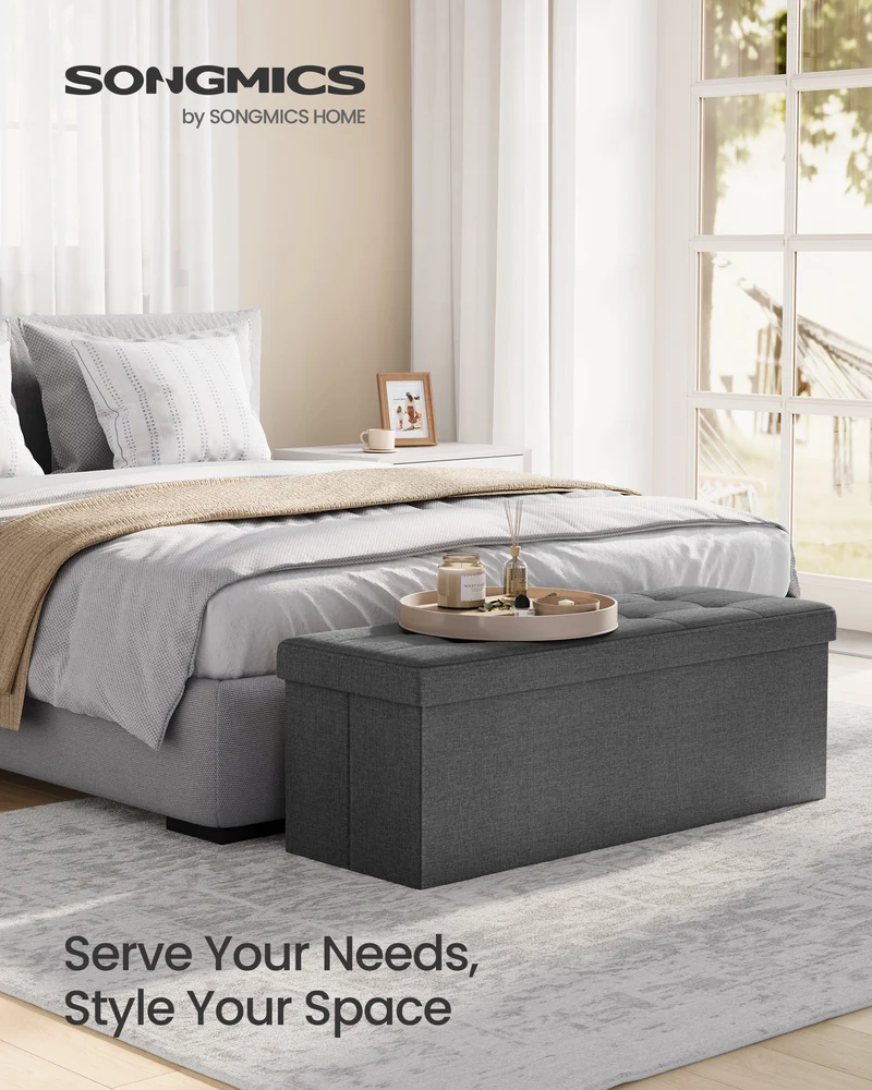 SONGMICS 43 Inches Folding Storage Ottoman Bench, Storage Chest, Foot Rest Stool, Bedroom Bench with Storage, Holds up to 660 lb, Dark Gray