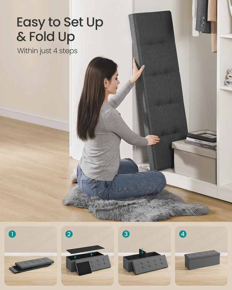 SONGMICS 43 Inches Folding Storage Ottoman Bench, Storage Chest, Foot Rest Stool, Bedroom Bench with Storage, Holds up to 660 lb, Dark Gray