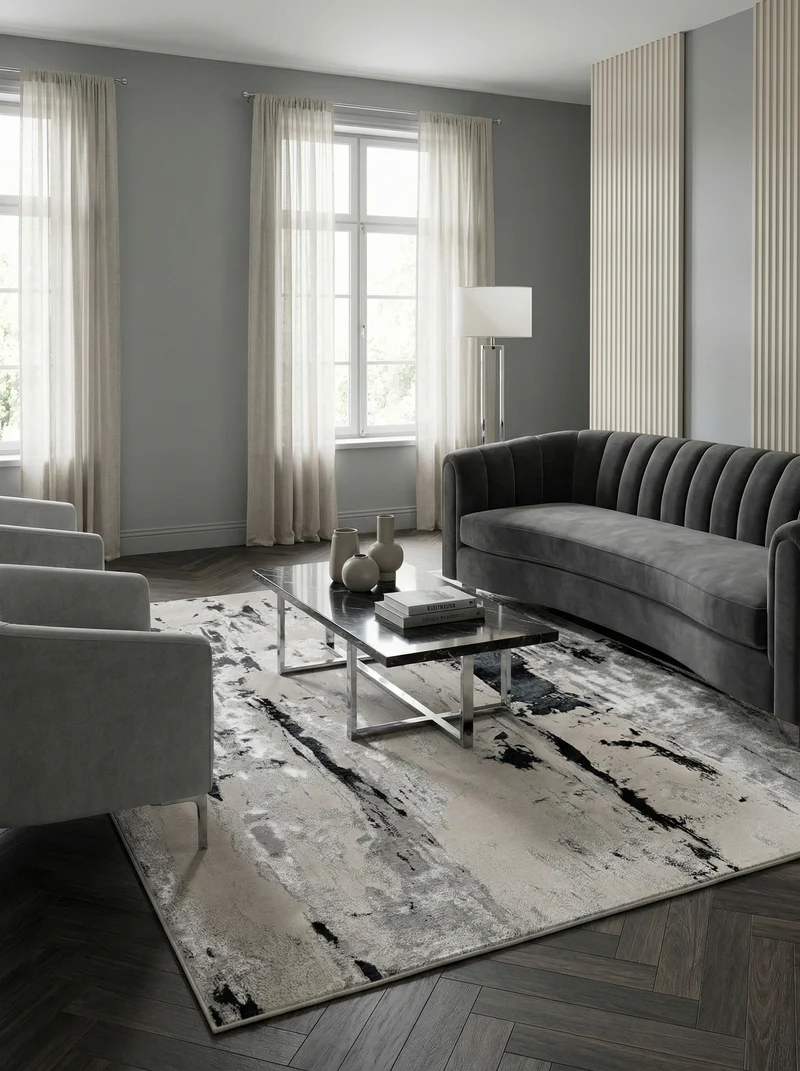 Teppich Velours kurzflor mit Metallic-Akzenten Gletschermuster Silber/Grau/Anthrazit