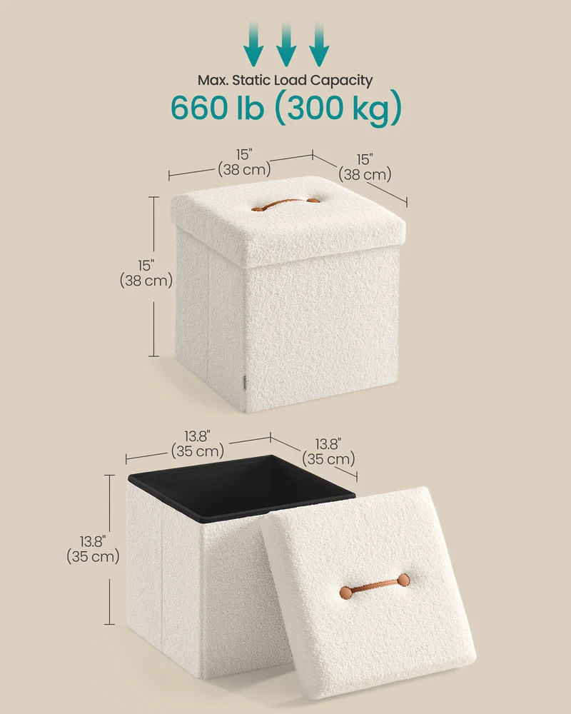LEDREM Foldable Ottoman with Hidden Storage, 15-Inch Cube Footrest Stool, 660lb Weight Capacity, Cream White