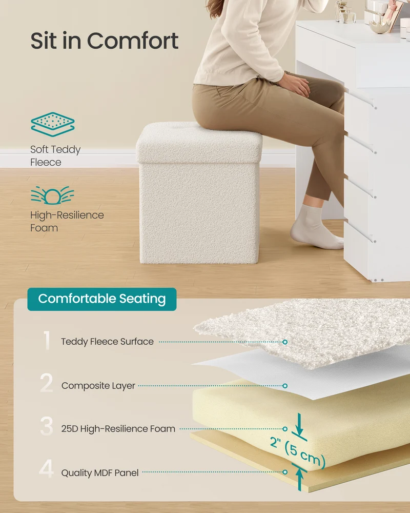 LEDREM Foldable Ottoman with Hidden Storage, 15-Inch Cube Footrest Stool, 660lb Weight Capacity, Cream White