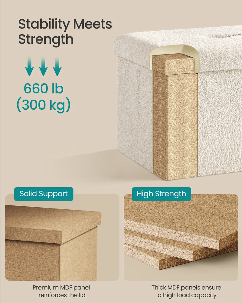 LEDREM Foldable Ottoman with Hidden Storage, 15-Inch Cube Footrest Stool, 660lb Weight Capacity, Cream White
