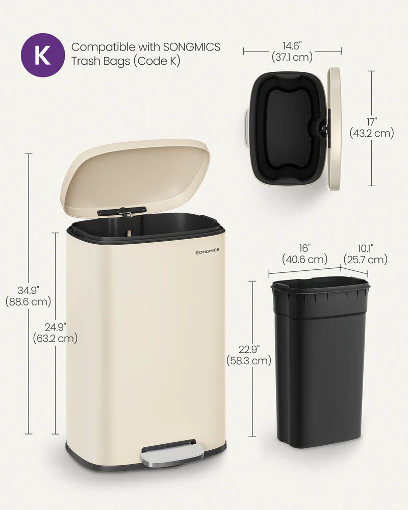 13 Gal (50 L) Trash Can, Stainless Steel Kitchen Garbage Can, Soft Close, Step-On Pedal, Removable Inner Bucket