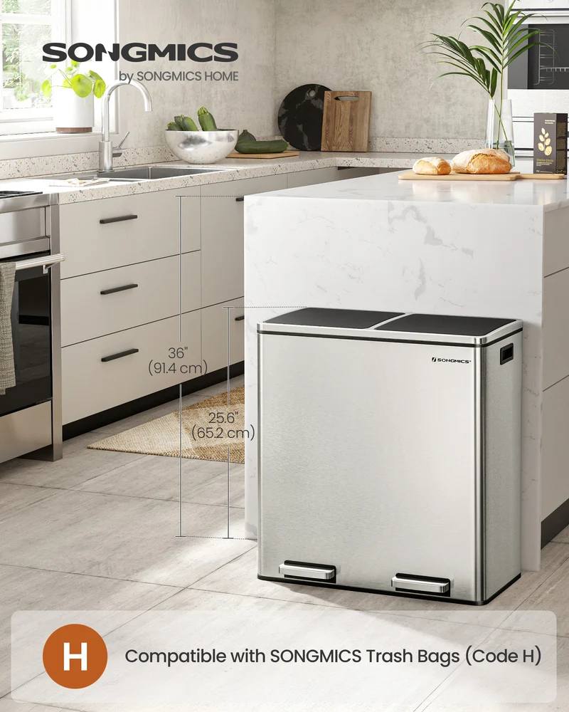 SONGMICS Trash Can, 2 x 8-Gallon Garbage Can for Kitchen, with 15 Trash Bags, 2 Compartments, Airtight, Silver and Black