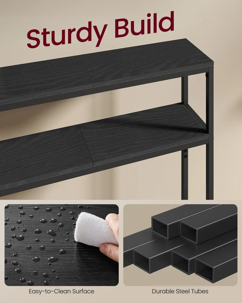 LEDREM Modern 2-Tier Console Table, Narrow Sofa Table with Dual Shelves, Entryway Table, Sturdy Steel Frame, Ink Black