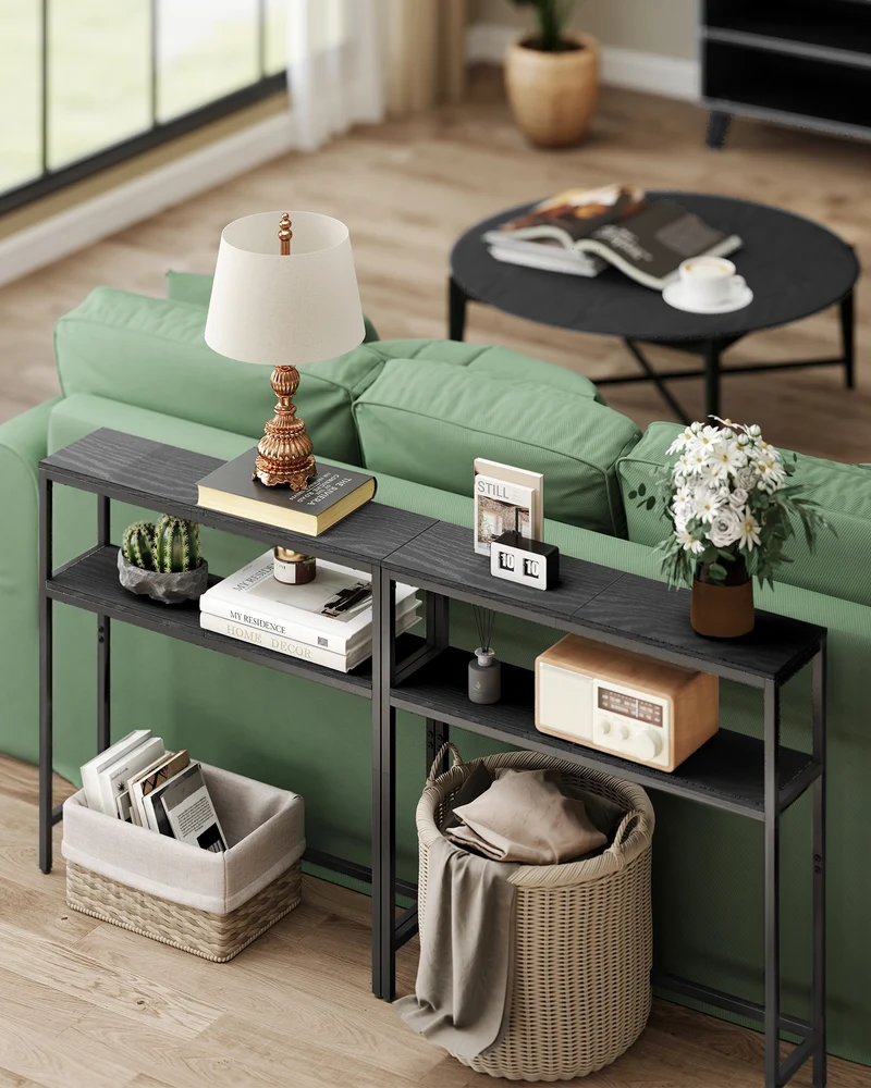 LEDREM Modern 2-Tier Console Table, Narrow Sofa Table with Dual Shelves, Entryway Table, Sturdy Steel Frame, Ink Black
