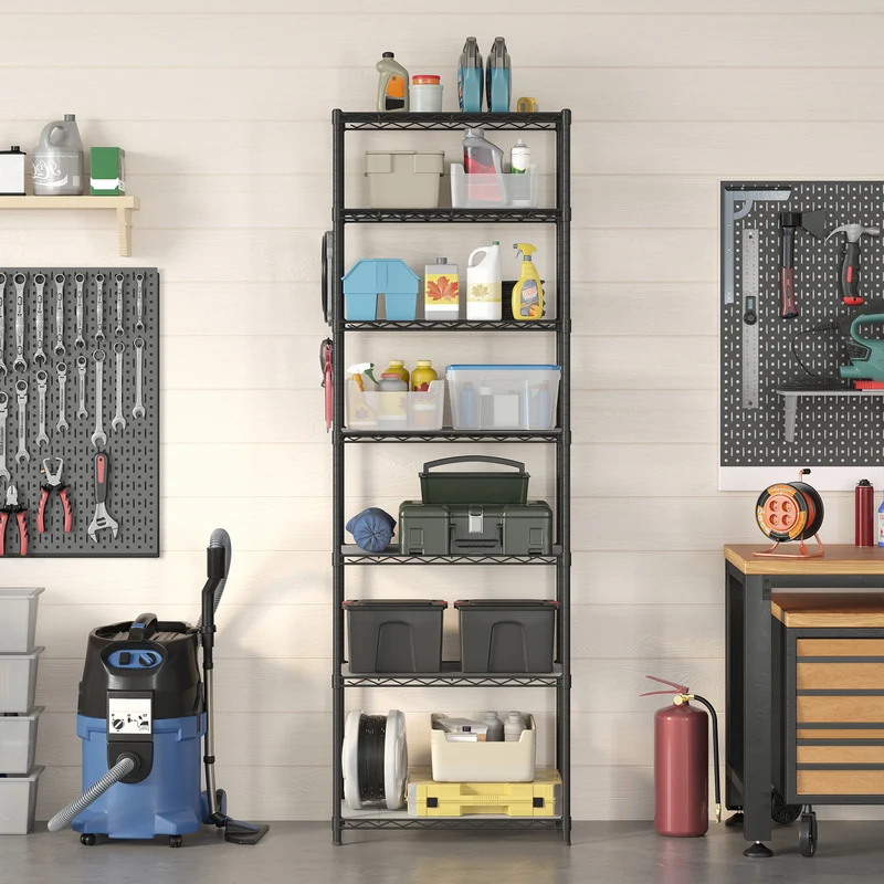 LEDREM 7-Tier Wire Shelving Unit - Kitchen Metal Shelves Storage Rack with Adjustable Shelves, Shelf Liners, 8 Hooks, 13.4 x 23.2 x 70.9 Inches, Black