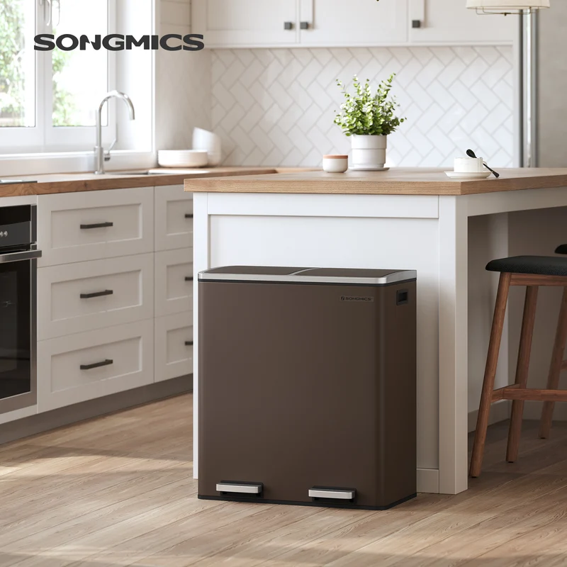 SONGMICS Trash Garbage Can, 16 Gal Rubbish, Metal Step Bin, with Dual Compartments, Soft Closure, Airtight, Brown