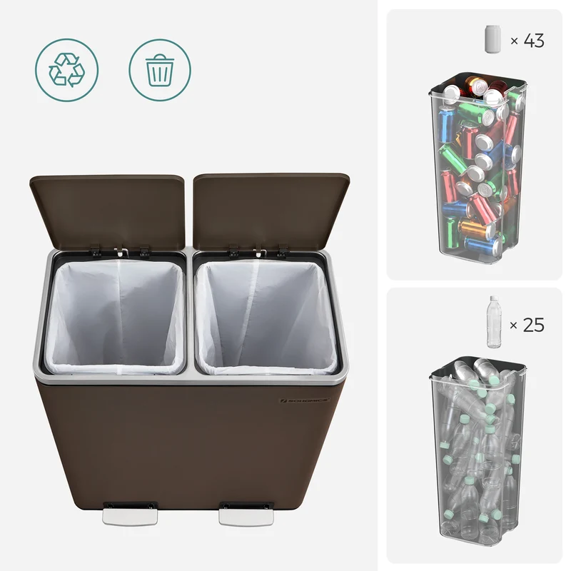 SONGMICS Trash Garbage Can, 16 Gal Rubbish, Metal Step Bin, with Dual Compartments, Soft Closure, Airtight, Brown