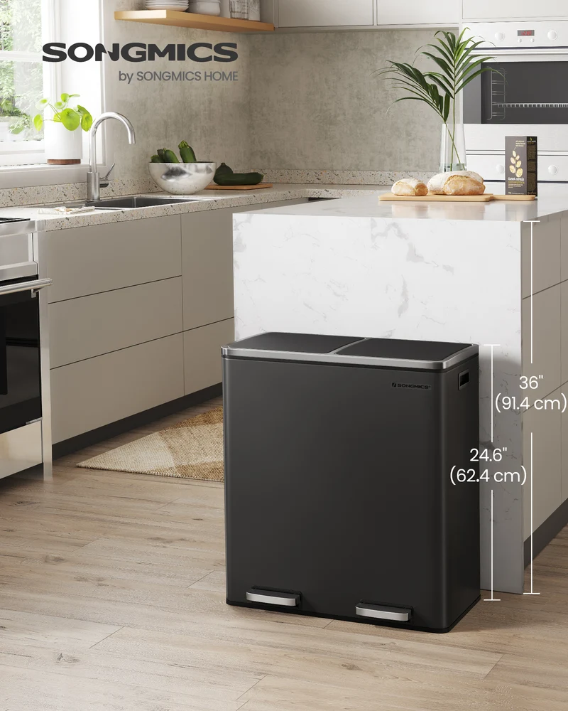 SONGMICS Dual Trash Can, 16 Gal (60L) Rubbish Bin and 15 Trash Bags, Metal Step Bin, with Dual Compartments, Airtight, Black
