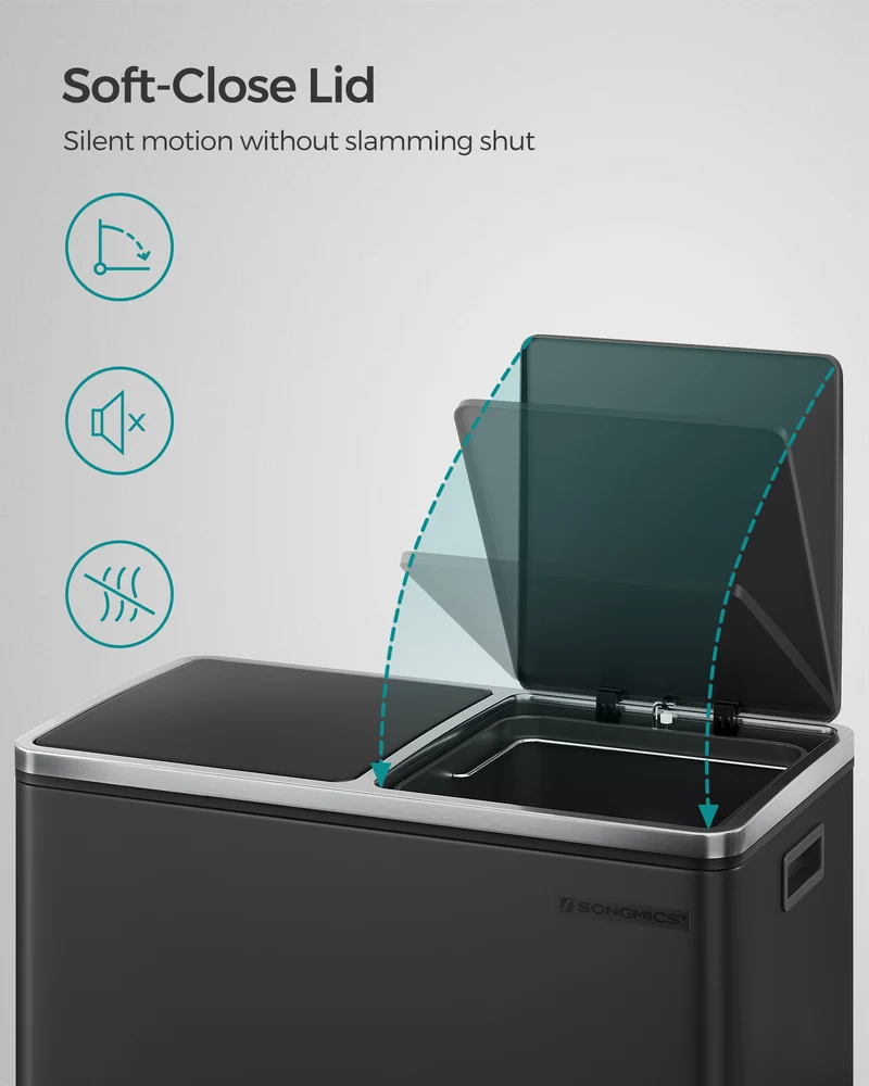 SONGMICS Dual Trash Can, 16 Gal (60L) Rubbish Bin and 15 Trash Bags, Metal Step Bin, with Dual Compartments, Airtight, Black
