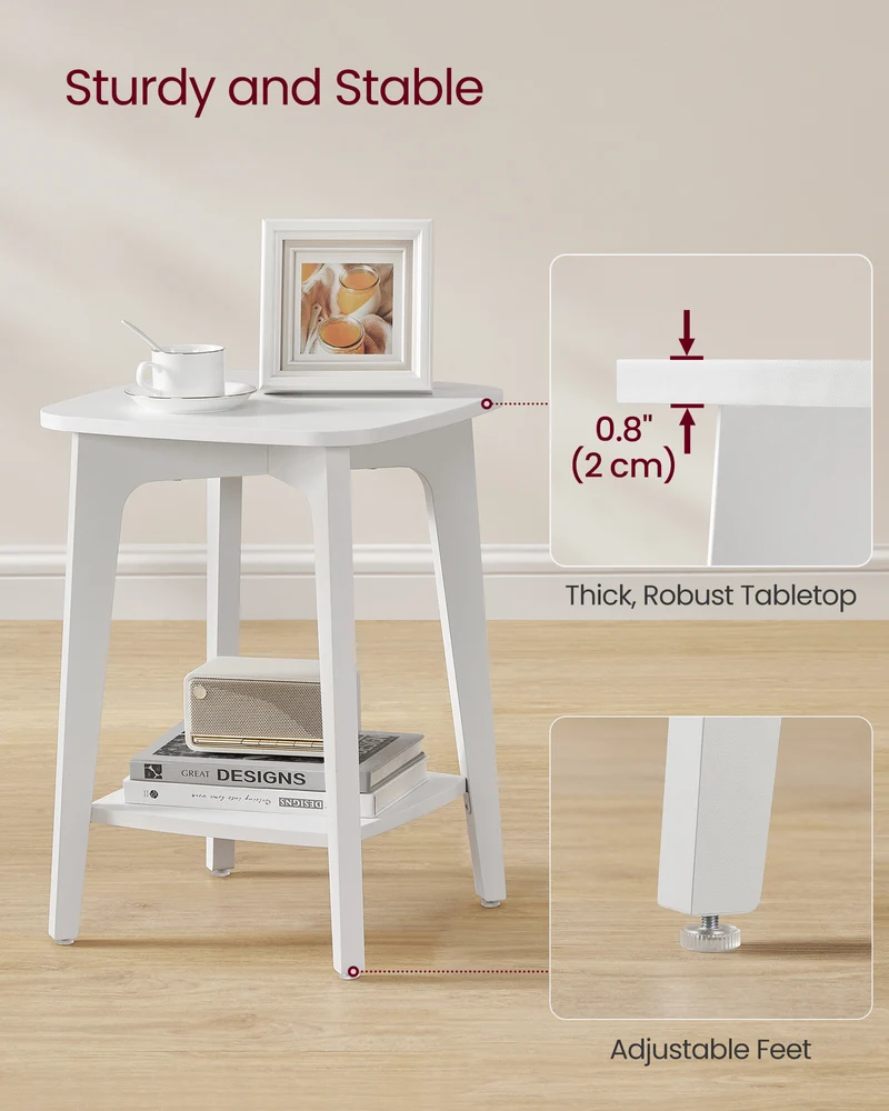 LEDREM Square End Table with Lower Shelf, Modern 2-Tier Side Table for Small Spaces, 15.7 Inch Nightstand, Cloud White